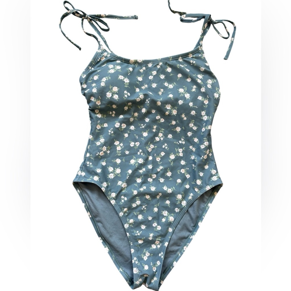 Small Shade & Shore Blue Floral Shoulder Tie High Leg One Piece Swimsuit New